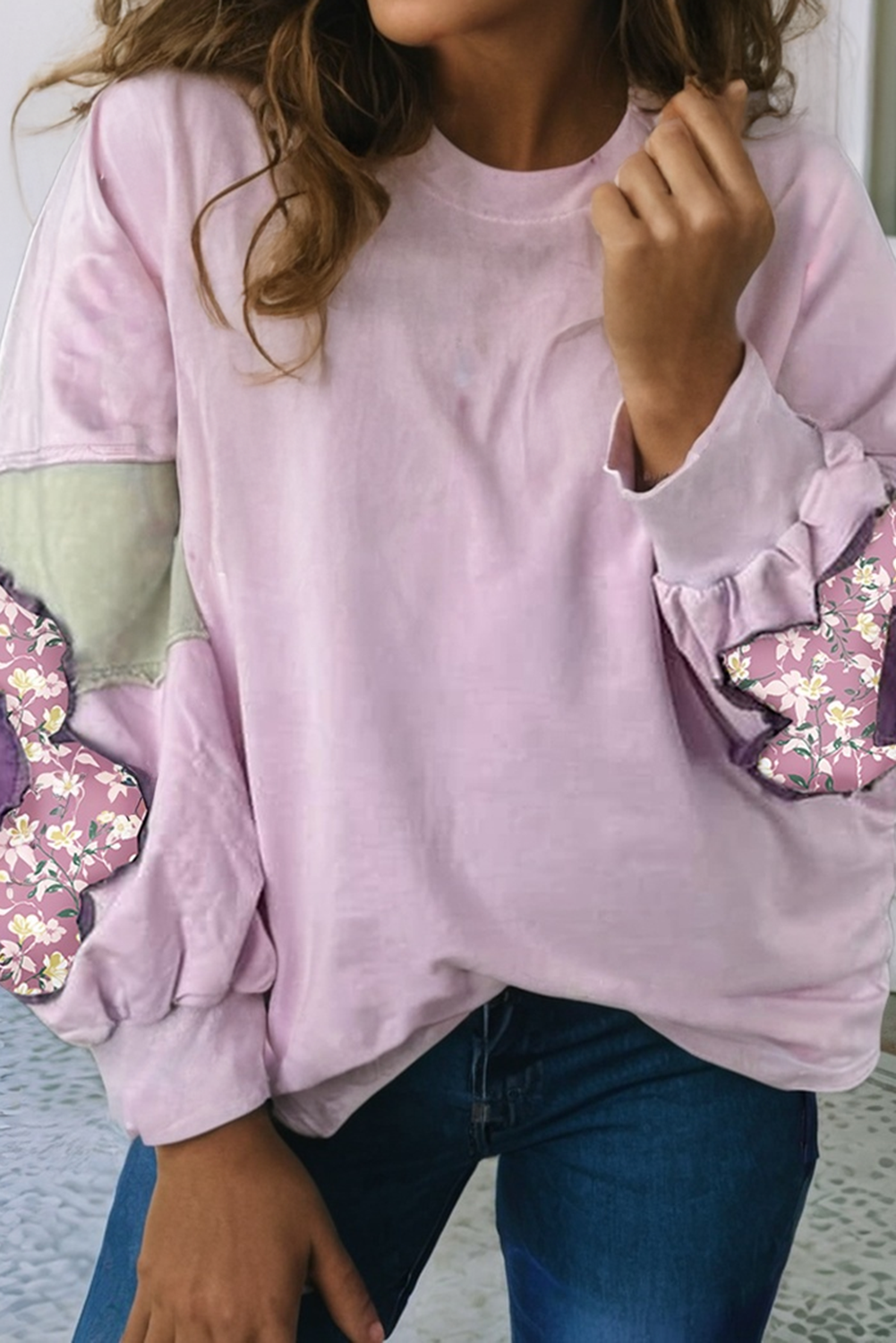 LDC Flower Patch Colorblock Plus Size Pullover Top