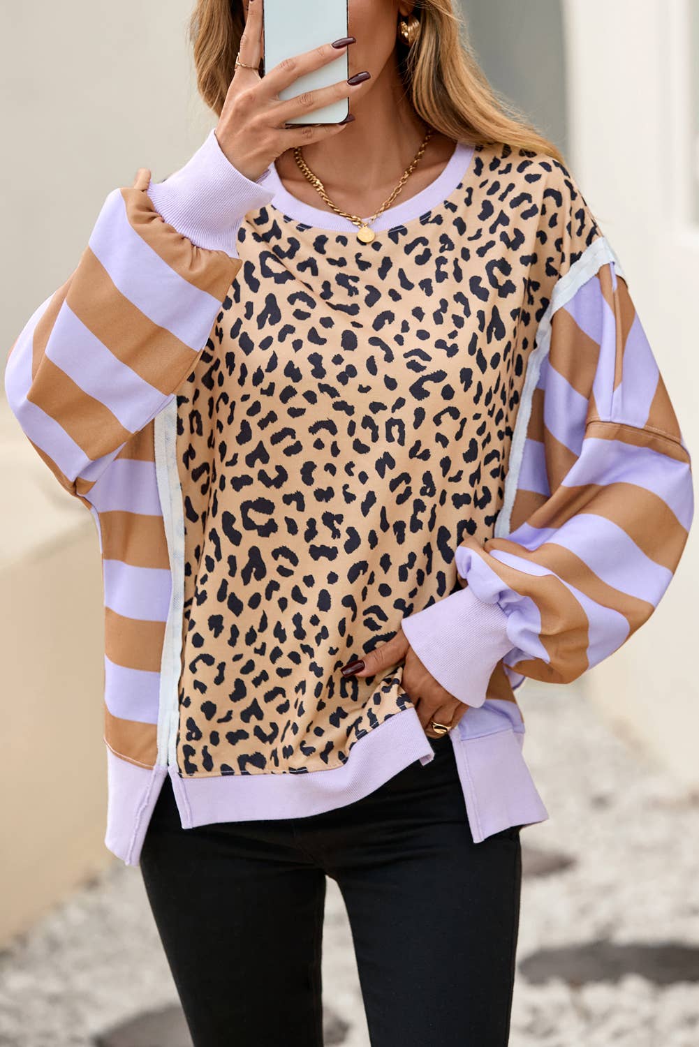 Purple Leopard Striped Color Block Sweatshirt| S-2X