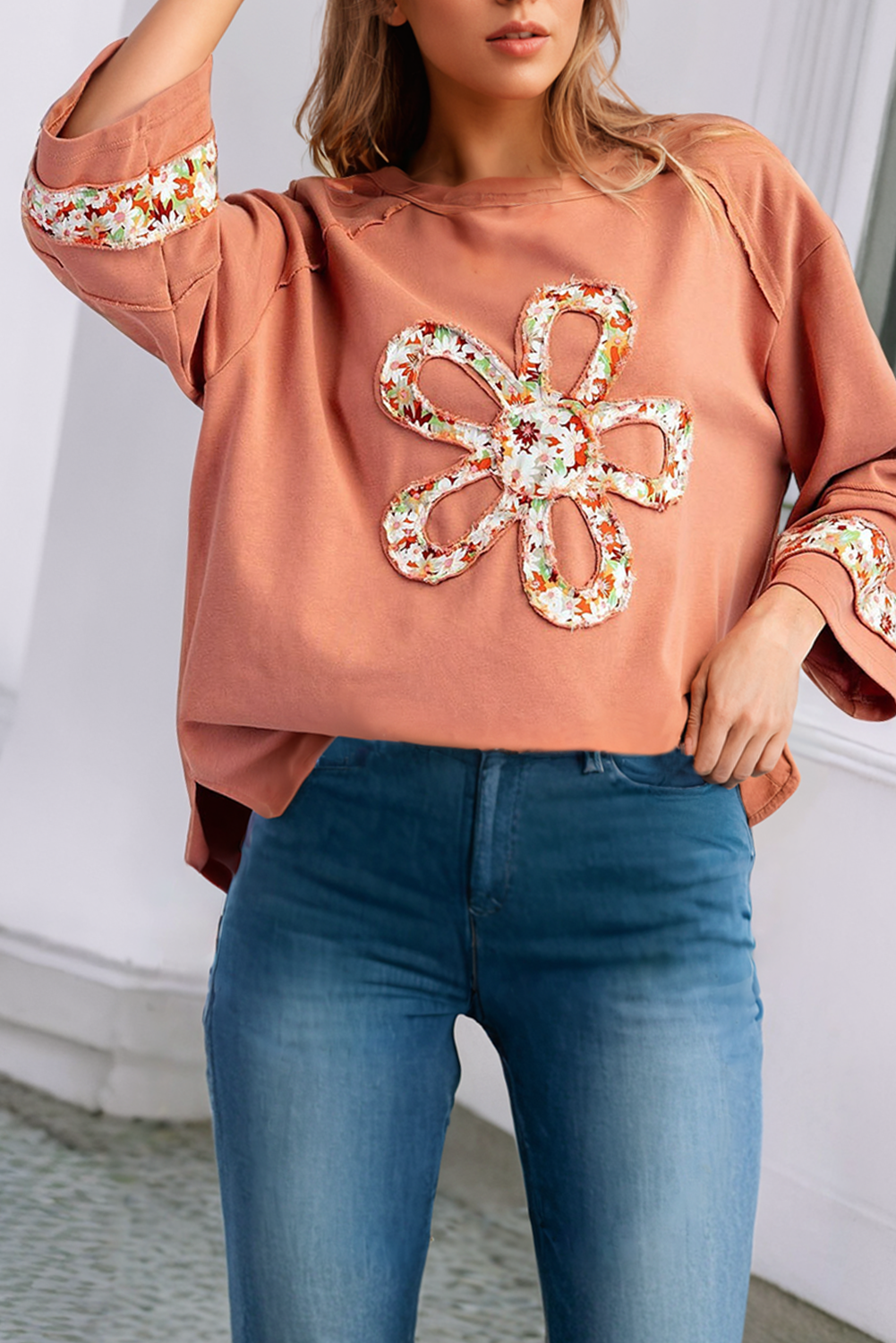 Flower Patch Graphic Exposed Seam Wide Sleeve Loose Top