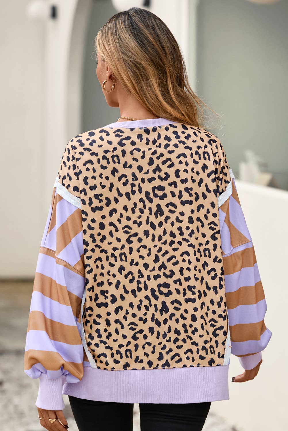 Purple Leopard Striped Color Block Sweatshirt| S-2X
