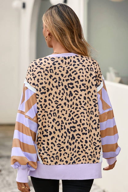 Purple Leopard Striped Color Block Sweatshirt| S-2X